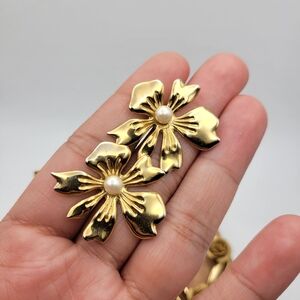 Gold Floral Faux Pearl Earrings Removable Studs